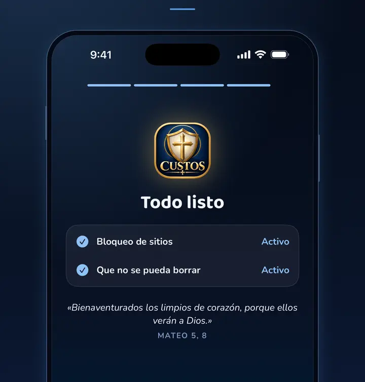 La pantalla Todo listo de Custos en el iPhone: el bloqueo de sitios y que no se pueda borrar, activos