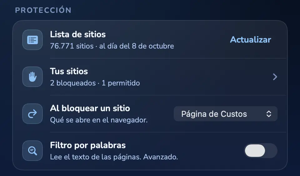 La sección Protección de Custos en el Mac: la lista de 76.771 sitios, tus sitios, qué se abre al bloquear uno y el filtro por palabras